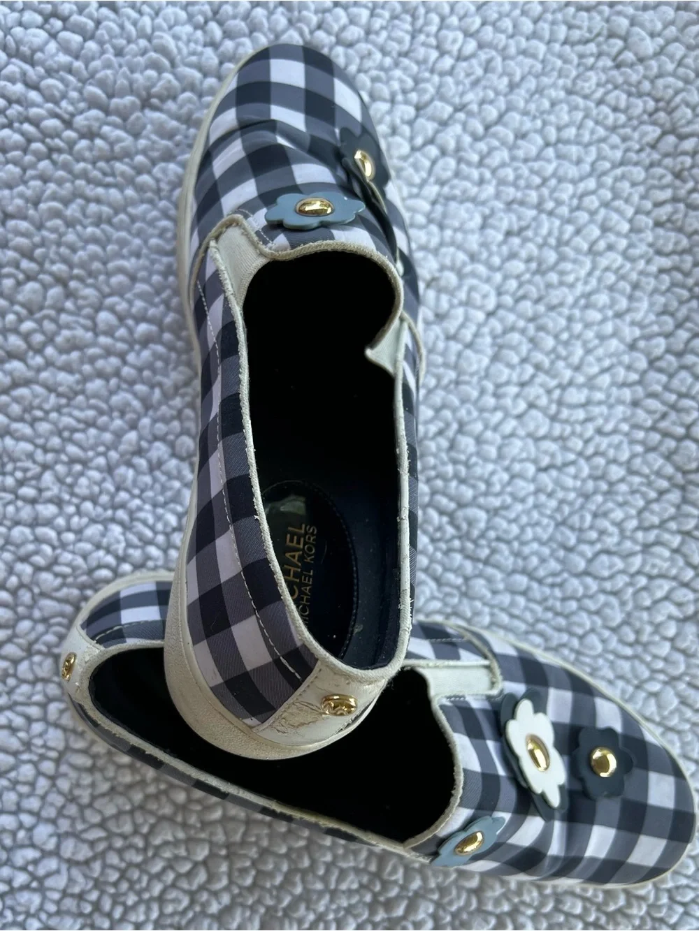 Michael Kors Navy and White Gingham Slip-On Sneakers with Flower Appliqués